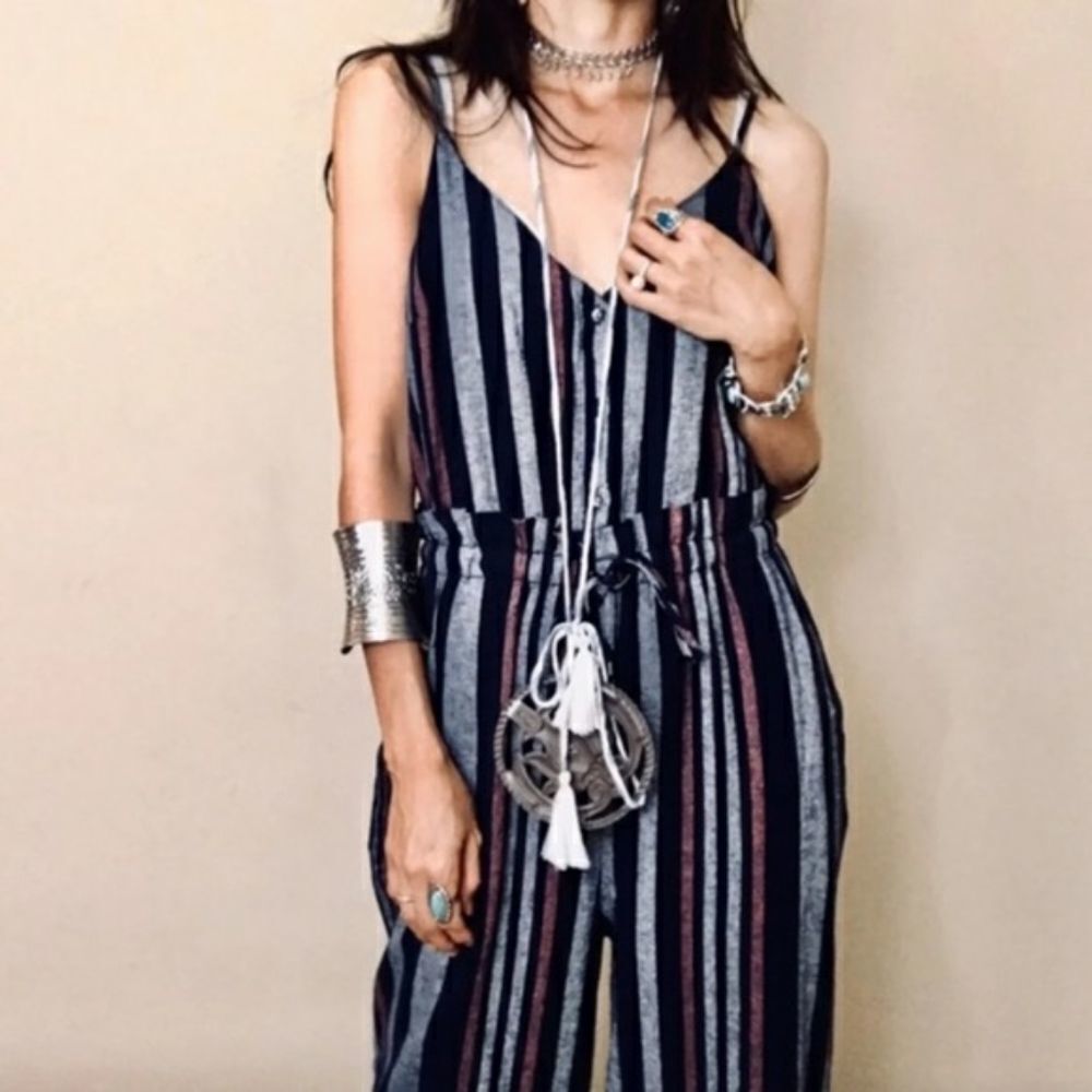 Splendid Veritcal CrossHatch Waist Tie Jumpsuit